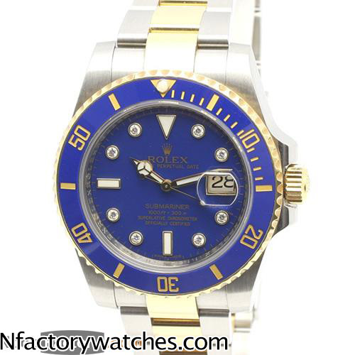 勞力士 Rolex SUBMARINER DATE 間金藍水鬼 116613LB 鑲鑽版 316L不鏽鋼 18k金 單向可旋轉的藍色陶瓷錶圈-rhid-118133