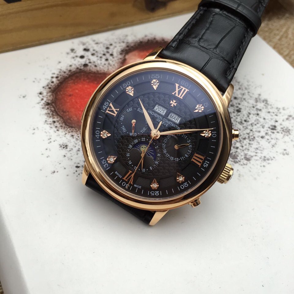 江詩丹頓 日內瓦紋全自動機械機芯  藍寶石玻璃 真皮錶帶 星辰萬年曆腕錶-rhid-116795