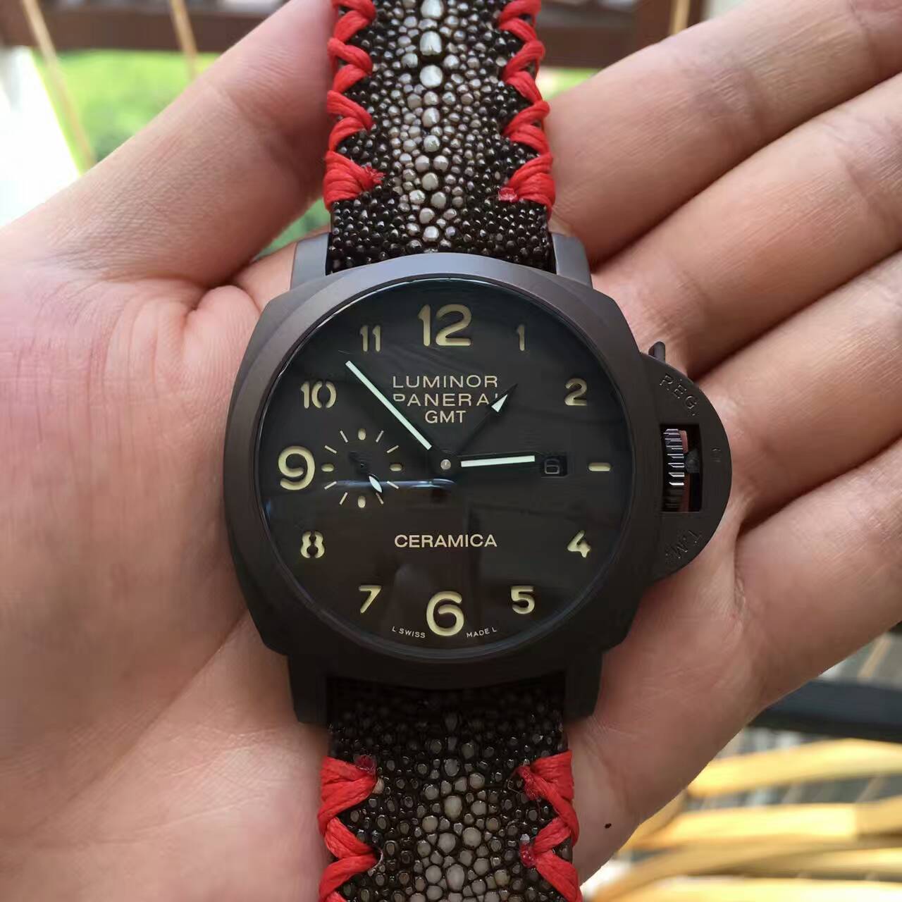 沛納海 魔鬼魚腕錶 雅黑錶殼 淡黃數字 海鷗機芯 細長指針-rhid-117448